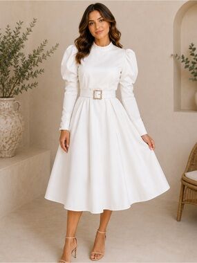 White Puff-Sleeve Belted Midi Dress